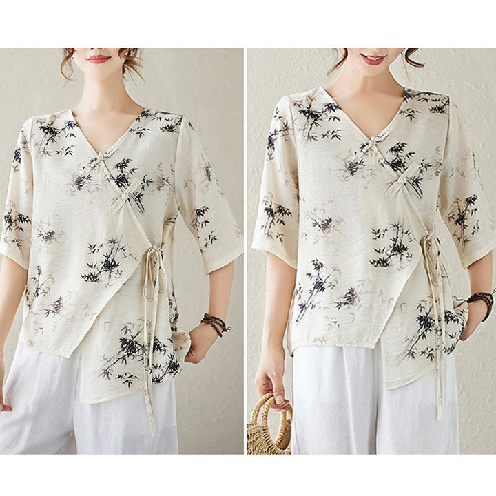 Maglietta con stampa di foglie di bambù e inchiostro con scollo a V e lacci e bottoni a rana, motivo Buddha Stones - image 17