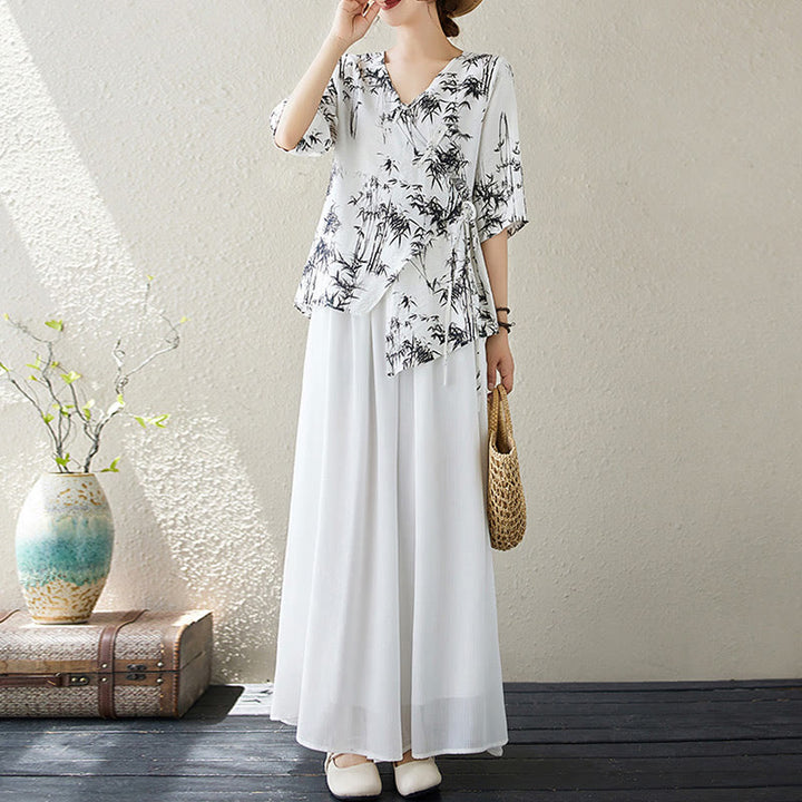 Maglietta con stampa di foglie di bambù e inchiostro con scollo a V e lacci e bottoni a rana, motivo Buddha Stones - image 5