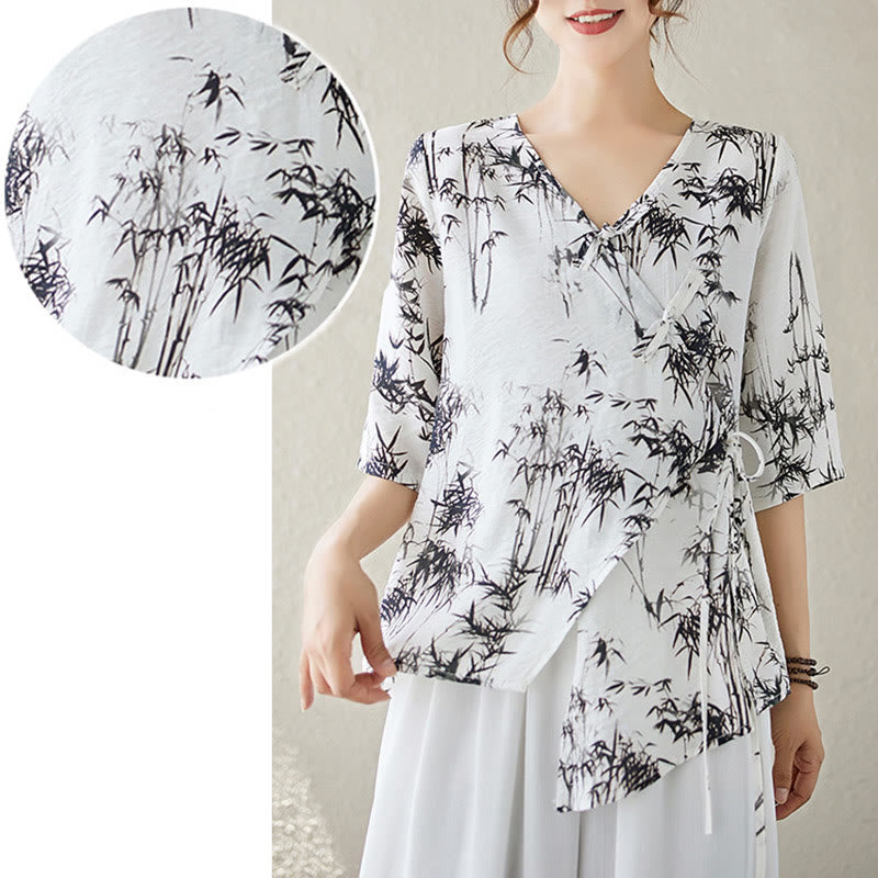 Maglietta con stampa di foglie di bambù e inchiostro con scollo a V e lacci e bottoni a rana, motivo Buddha Stones - image 4