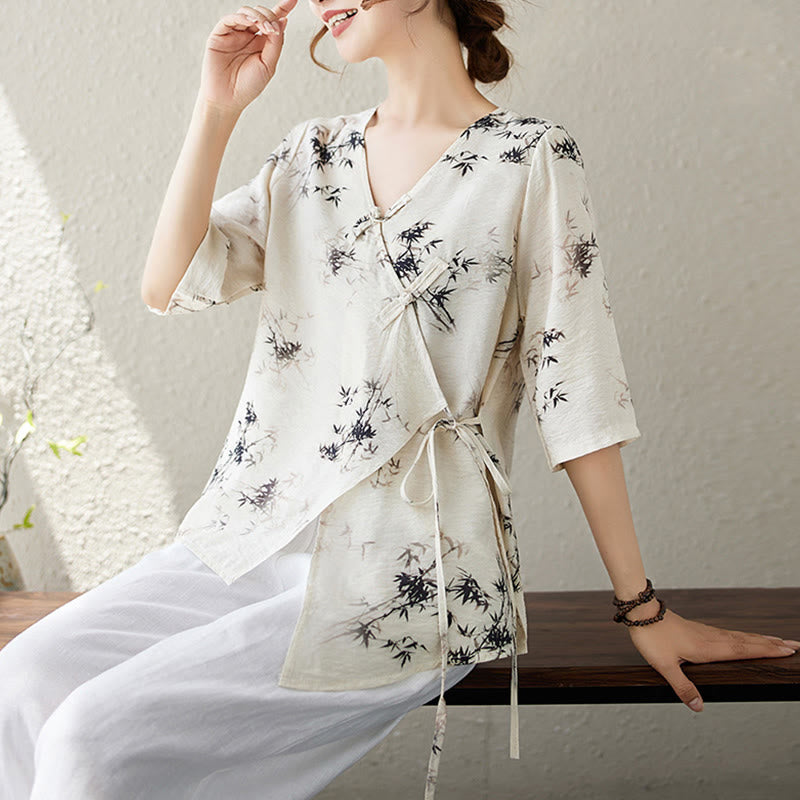 Maglietta con stampa di foglie di bambù e inchiostro con scollo a V e lacci e bottoni a rana, motivo Buddha Stones - image 9