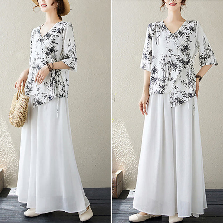 Maglietta con stampa di foglie di bambù e inchiostro con scollo a V e lacci e bottoni a rana, motivo Buddha Stones - image 6