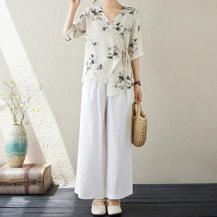 Maglietta con stampa di foglie di bambù e inchiostro con scollo a V e lacci e bottoni a rana, motivo Buddha Stones - image 18