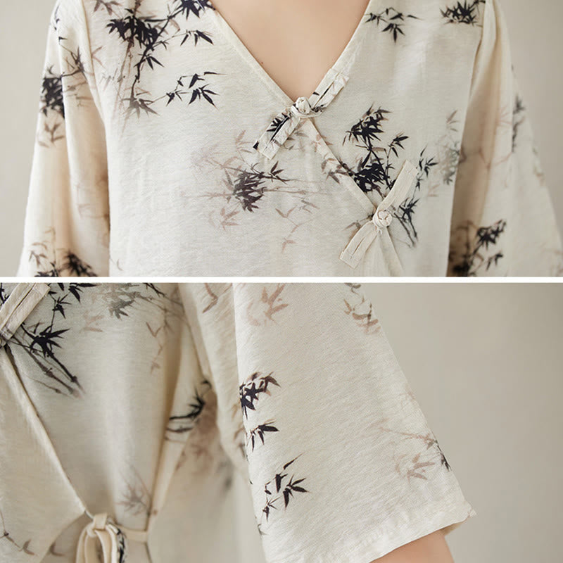 Maglietta con stampa di foglie di bambù e inchiostro con scollo a V e lacci e bottoni a rana, motivo Buddha Stones - image 11