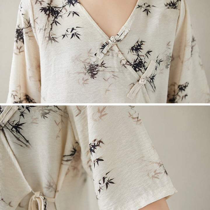 Maglietta con stampa di foglie di bambù e inchiostro con scollo a V e lacci e bottoni a rana, motivo Buddha Stones - image 11