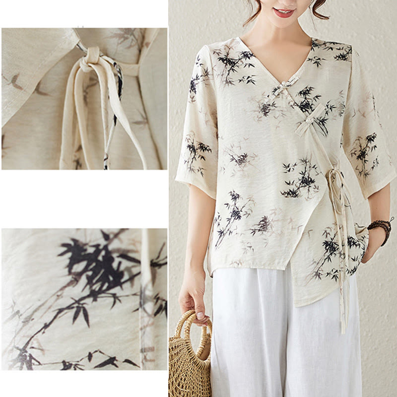 Maglietta con stampa di foglie di bambù e inchiostro con scollo a V e lacci e bottoni a rana, motivo Buddha Stones - image 15