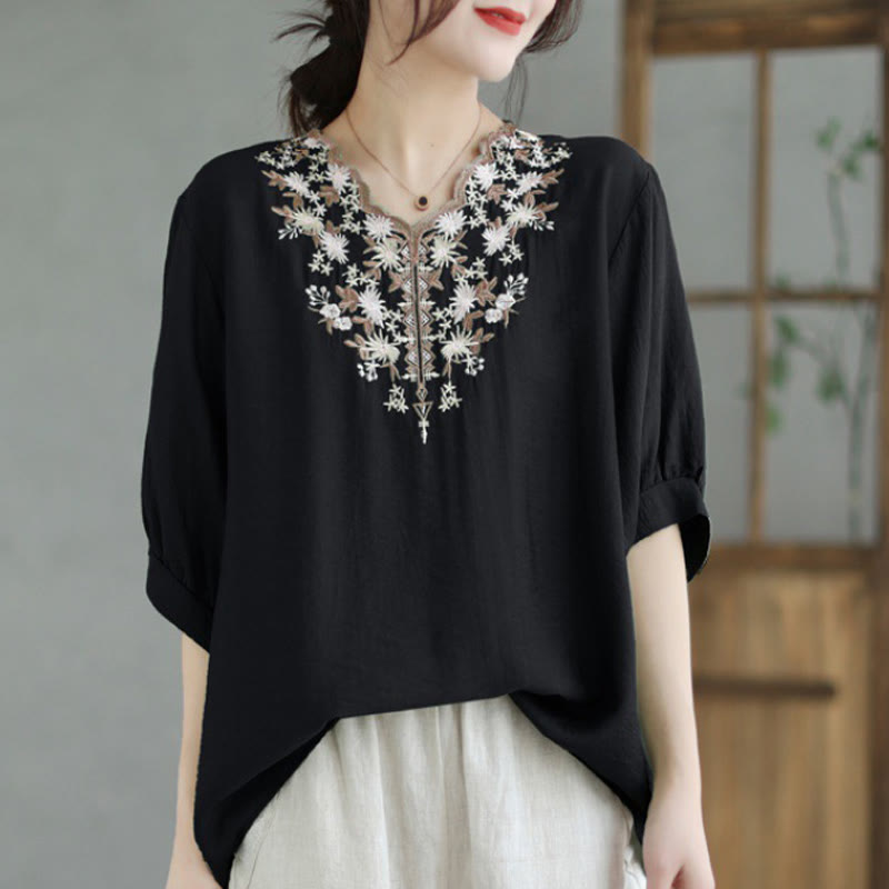 Maglietta in cotone e lino con scollo a V e maniche corte, ricamo floreale piccolo Buddha Stones - Nero - F (adatto per US4/10; UK/AU8/14; EU36-40/42) - image 0