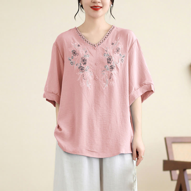 Maglietta a mezza manica con scollo a V e ricamo floreale Buddha Stones - Rosa chiaro - F (adatto per US4/10; UK/AU8/14; EU36-40/42) - image 0