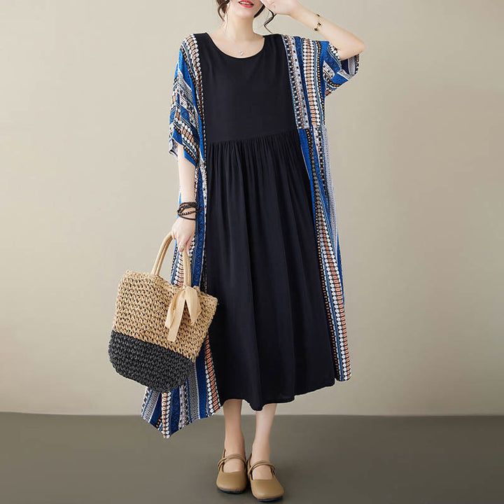 Abito midi a maniche corte con tasche e strisce blu e nere Buddha Stones