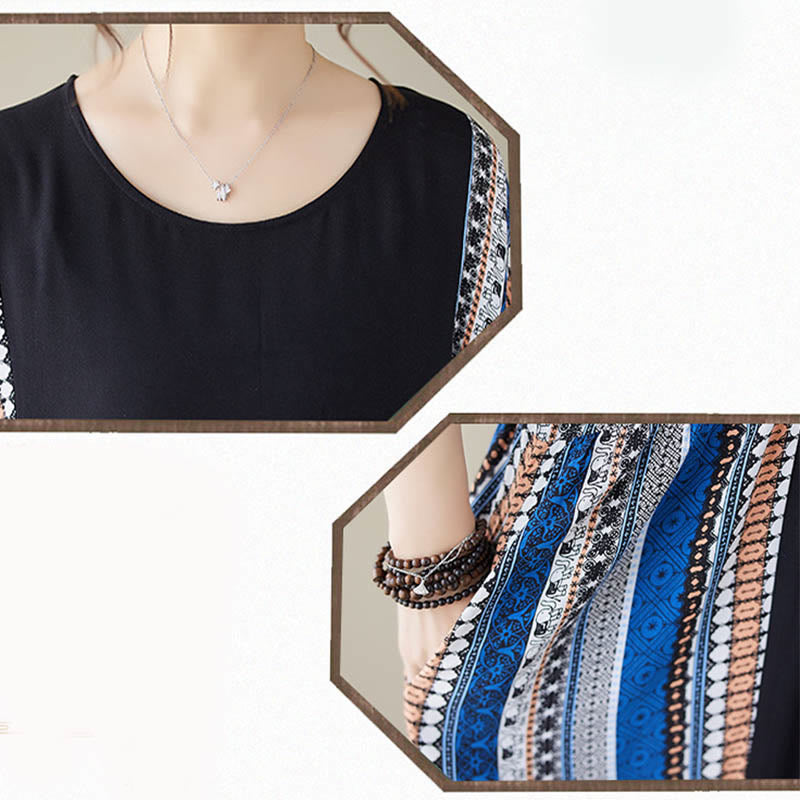 Abito midi a maniche corte con tasche e strisce blu e nere Buddha Stones