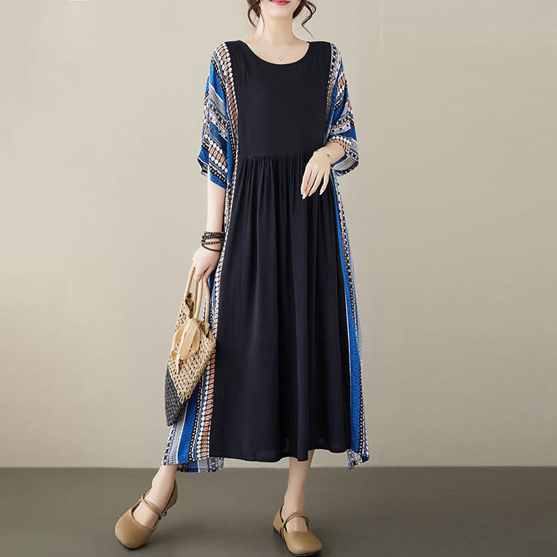 Abito midi a maniche corte con tasche e strisce blu e nere Buddha Stones