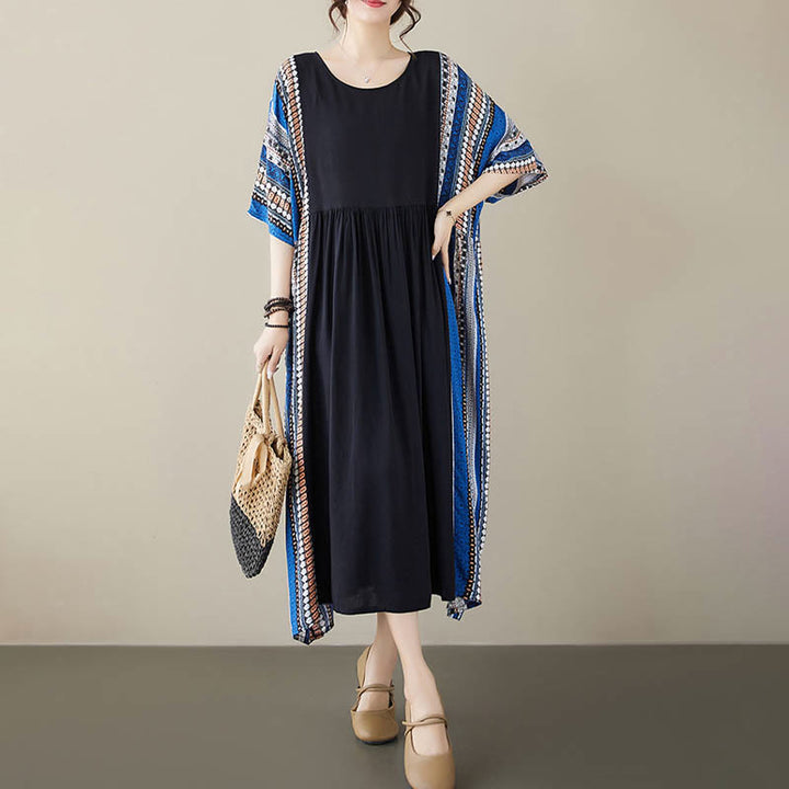 Abito midi a maniche corte con tasche e strisce blu e nere Buddha Stones