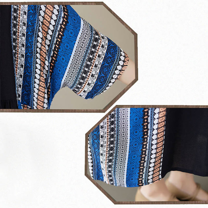 Abito midi a maniche corte con tasche e strisce blu e nere Buddha Stones
