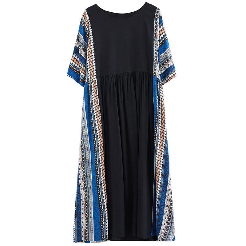 Abito midi a maniche corte con tasche e strisce blu e nere Buddha Stones