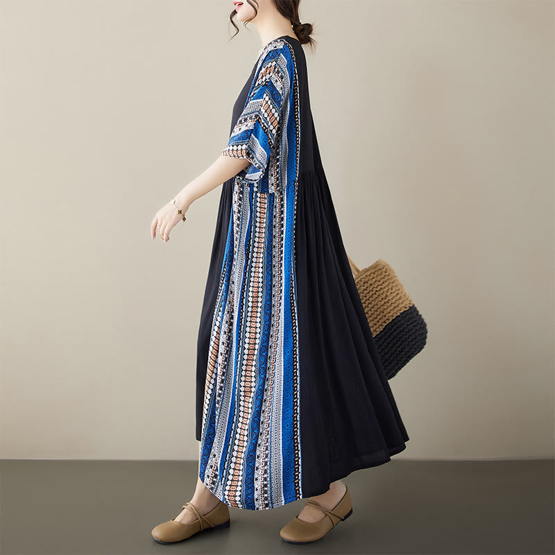 Abito midi a maniche corte con tasche e strisce blu e nere Buddha Stones