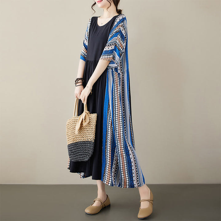 Abito midi a maniche corte con tasche e strisce blu e nere Buddha Stones