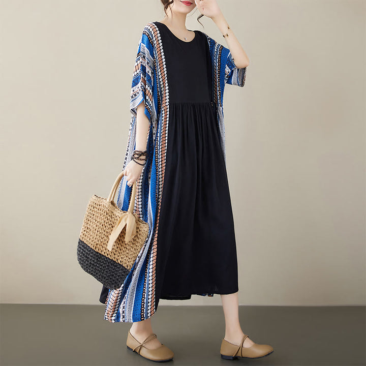 Abito midi a maniche corte con tasche e strisce blu e nere Buddha Stones