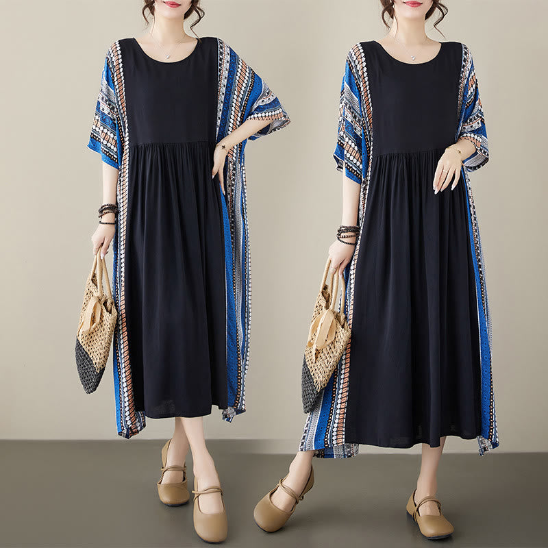 Abito midi a maniche corte con tasche e strisce blu e nere Buddha Stones