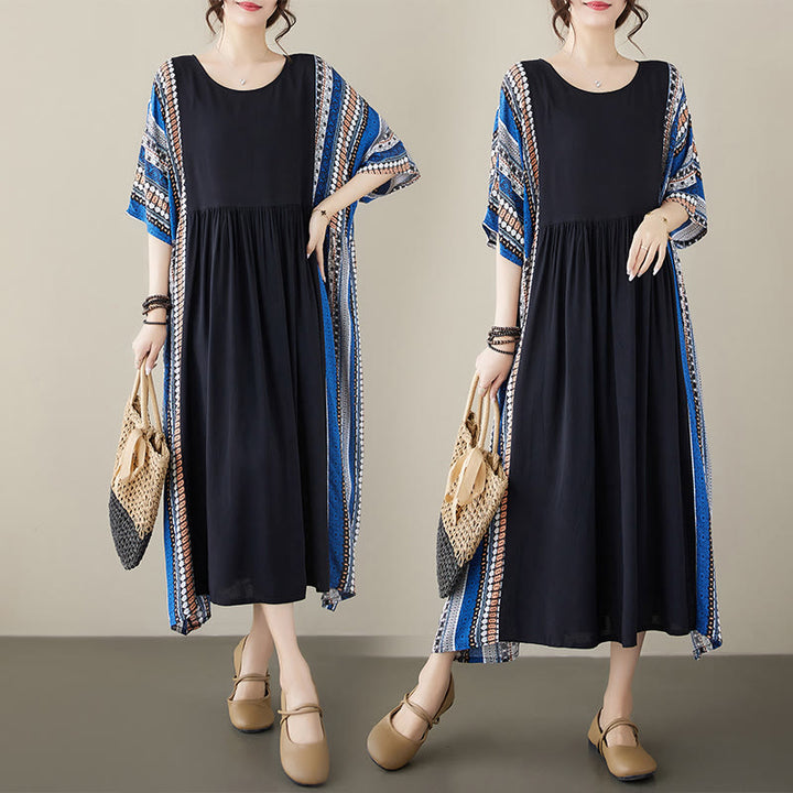 Abito midi a maniche corte con tasche e strisce blu e nere Buddha Stones