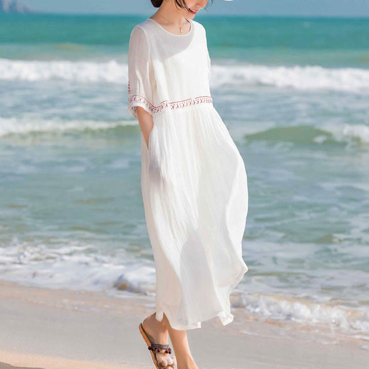 Abito midi in cotone a maniche corte con ricami a tinta unita e tasche, con motivo Buddha Stones. - image 15