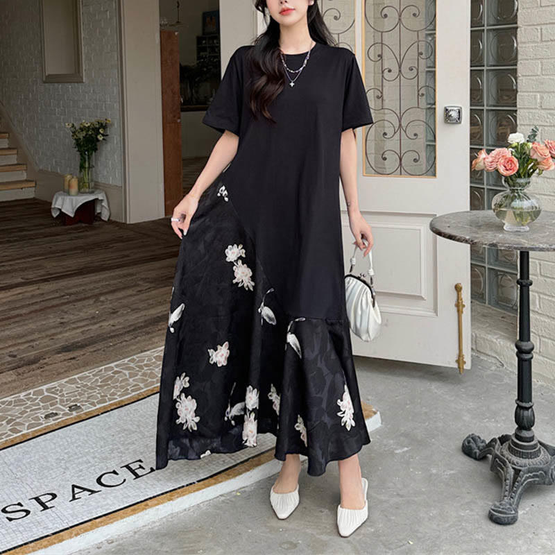 Abito midi a maniche corte in jacquard con fiori casual Buddha Stones
