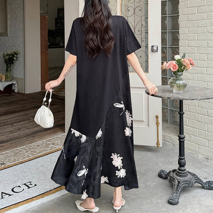 Abito midi a maniche corte in jacquard con fiori casual Buddha Stones