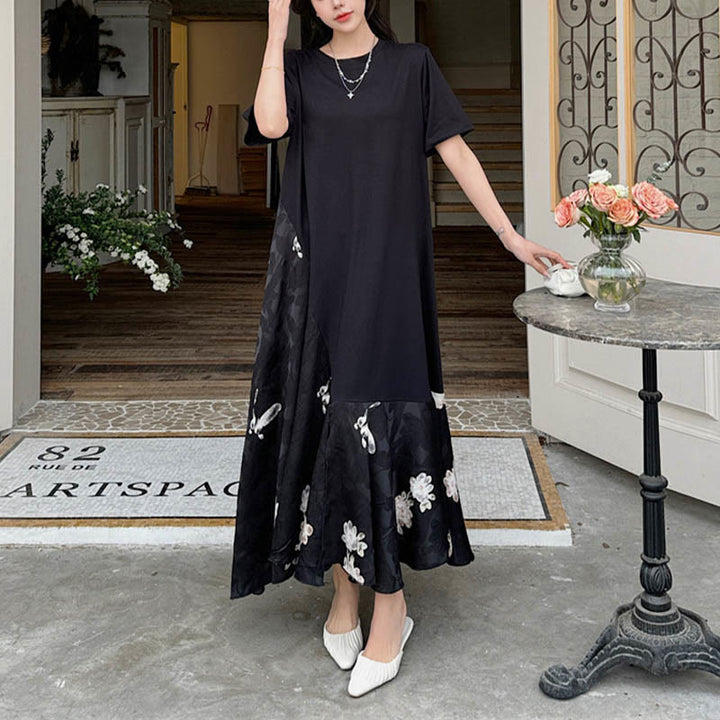 Abito midi a maniche corte in jacquard con fiori casual Buddha Stones