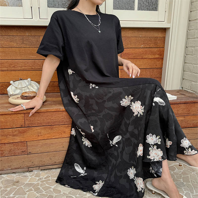 Abito midi a maniche corte in jacquard con fiori casual Buddha Stones