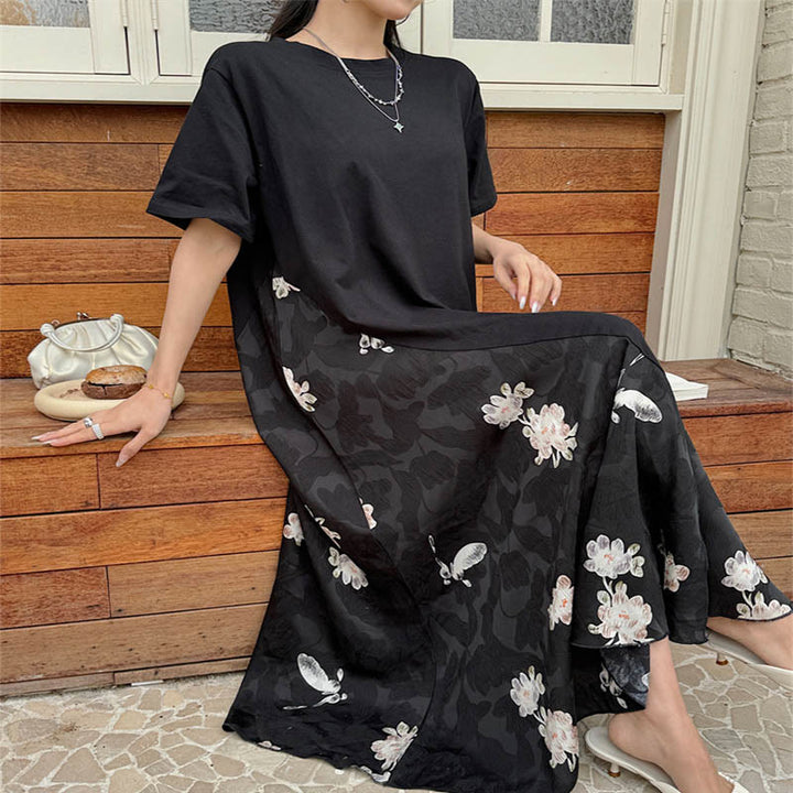 Abito midi a maniche corte in jacquard con fiori casual Buddha Stones