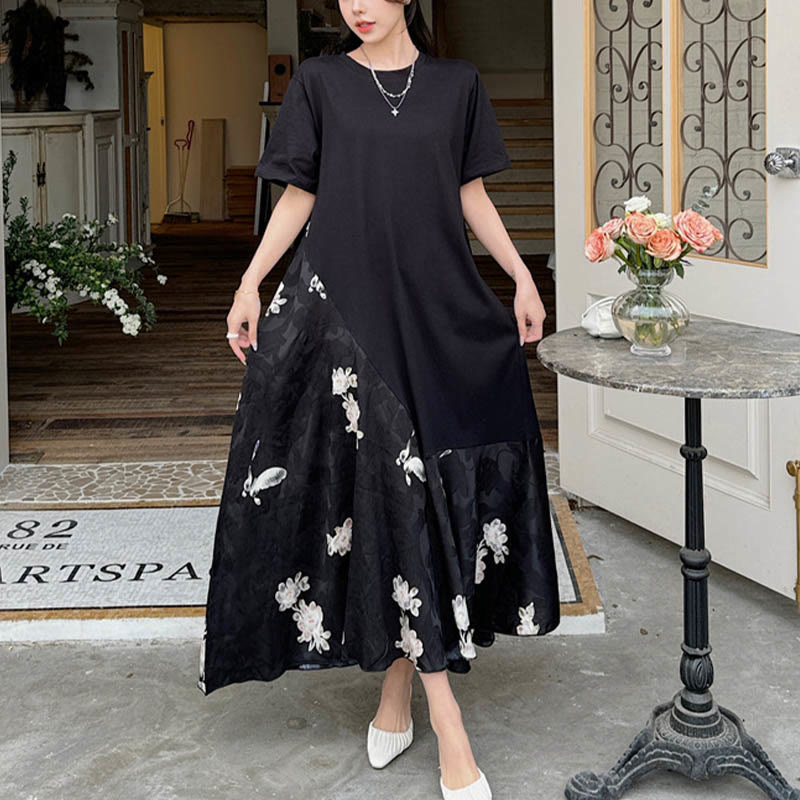 Abito midi a maniche corte in jacquard con fiori casual Buddha Stones