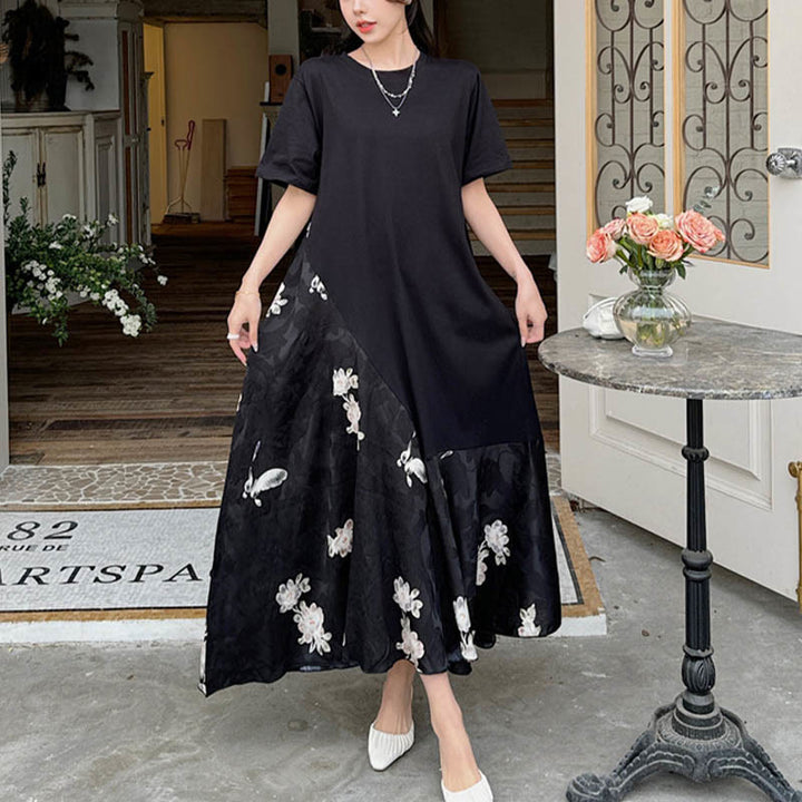 Abito midi a maniche corte in jacquard con fiori casual Buddha Stones