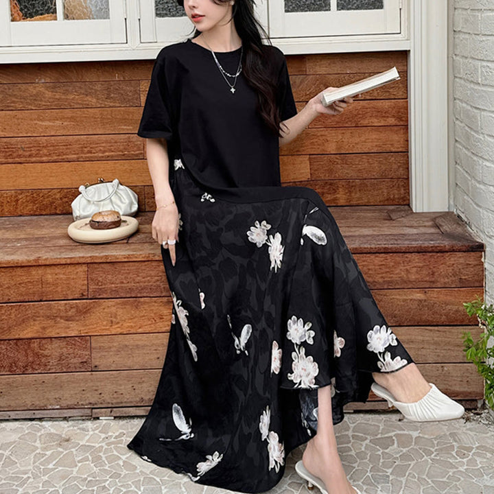 Abito midi a maniche corte in jacquard con fiori casual Buddha Stones