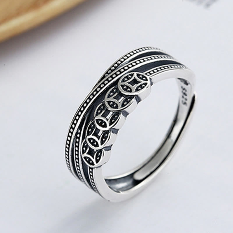 Anello regolabile Buddha Stones, argento sterling 925, monete di rame, benedizione della ricchezza