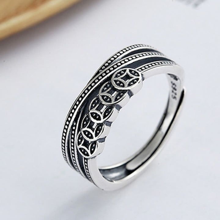 Anello regolabile Buddha Stones, argento sterling 925, monete di rame, benedizione della ricchezza