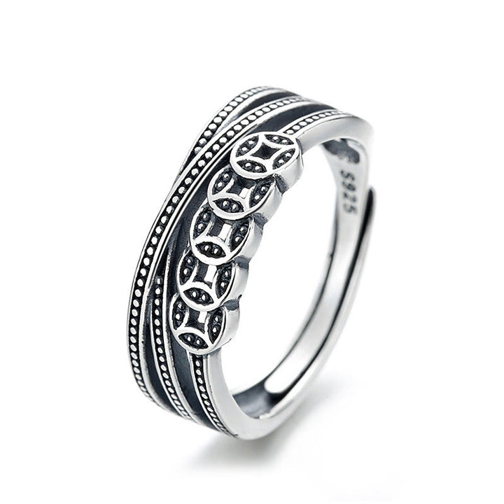 Anello regolabile Buddha Stones, argento sterling 925, monete di rame, benedizione della ricchezza