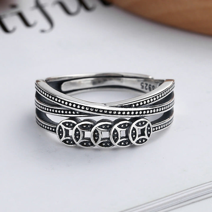 Anello regolabile Buddha Stones, argento sterling 925, monete di rame, benedizione della ricchezza