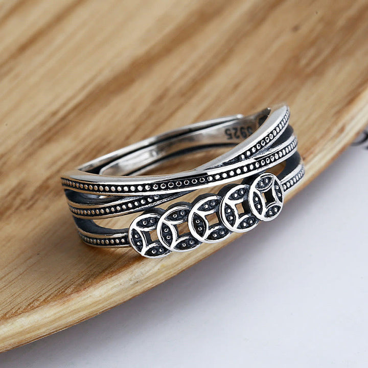 Anello regolabile Buddha Stones, argento sterling 925, monete di rame, benedizione della ricchezza