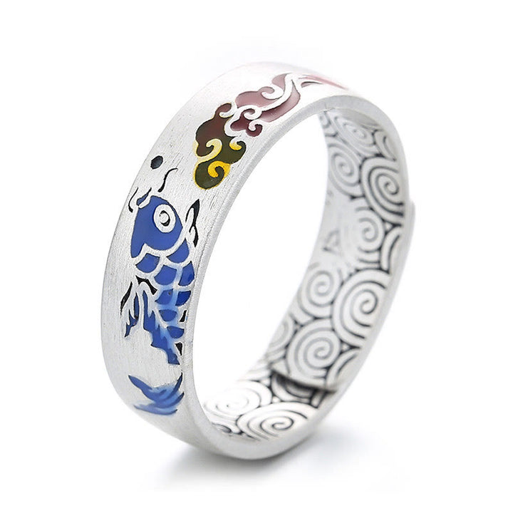 Anello Buddha Stones 925 Sterling Silver Lucky Koi Fish Nuvole di Buon Auspicio Ricchezza