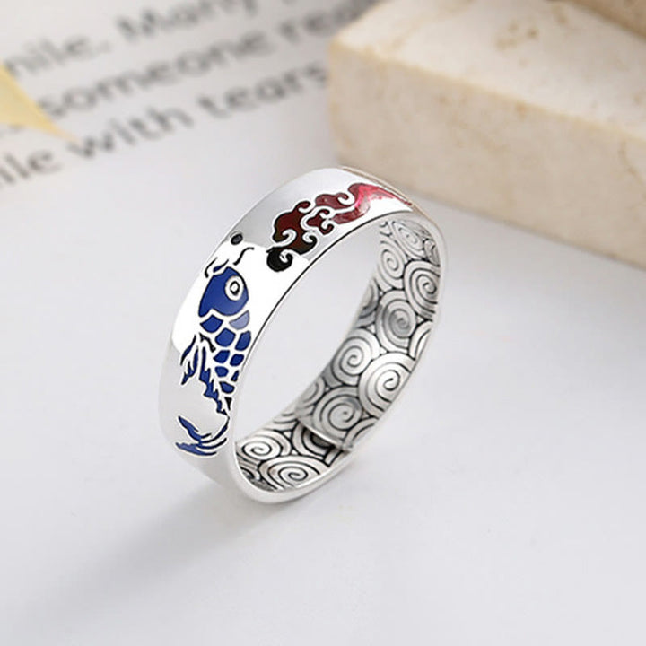 Anello Buddha Stones 925 Sterling Silver Lucky Koi Fish Nuvole di Buon Auspicio Ricchezza