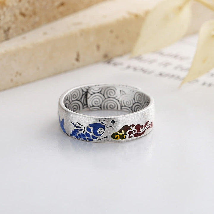 Anello Buddha Stones 925 Sterling Silver Lucky Koi Fish Nuvole di Buon Auspicio Ricchezza