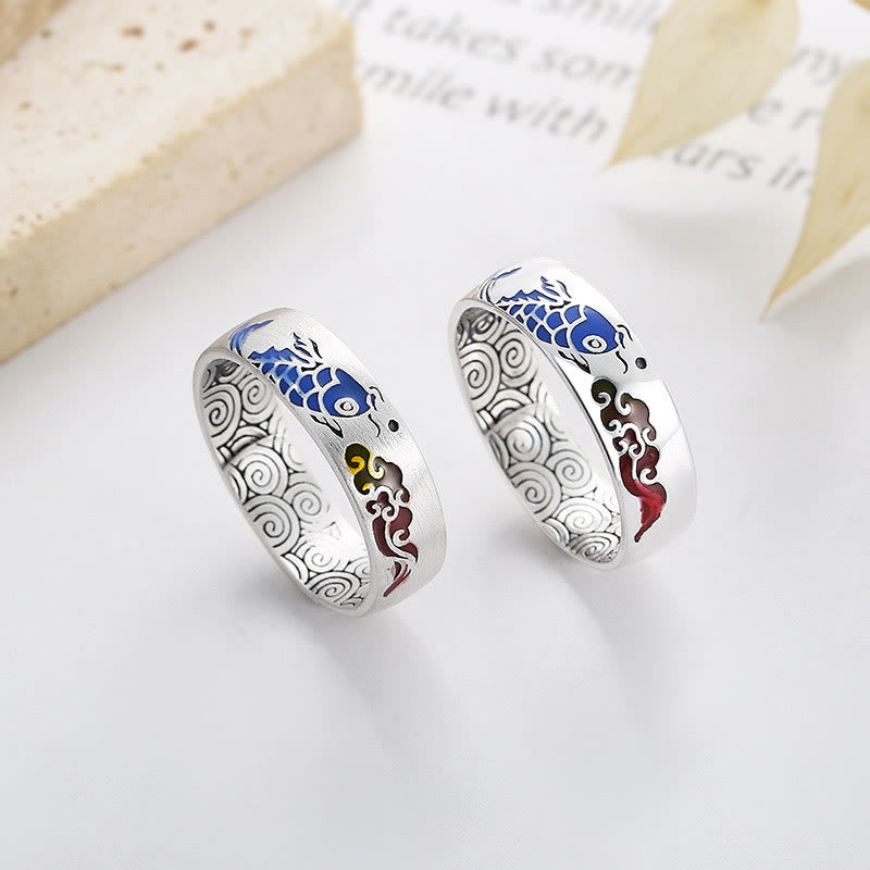 Anello Buddha Stones 925 Sterling Silver Lucky Koi Fish Nuvole di Buon Auspicio Ricchezza