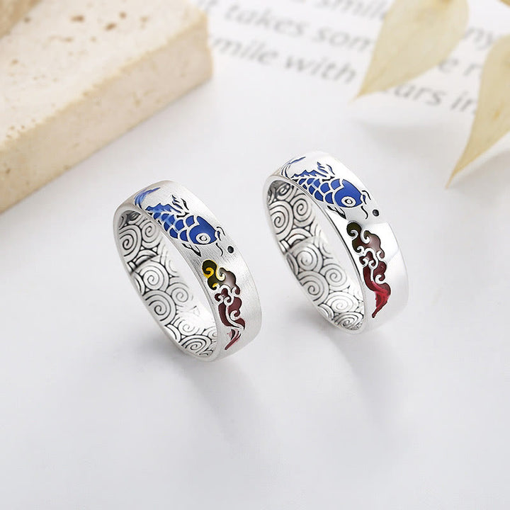 Anello Buddha Stones 925 Sterling Silver Lucky Koi Fish Nuvole di Buon Auspicio Ricchezza
