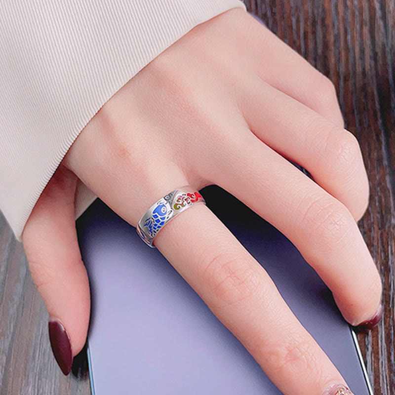 Anello Buddha Stones 925 Sterling Silver Lucky Koi Fish Nuvole di Buon Auspicio Ricchezza
