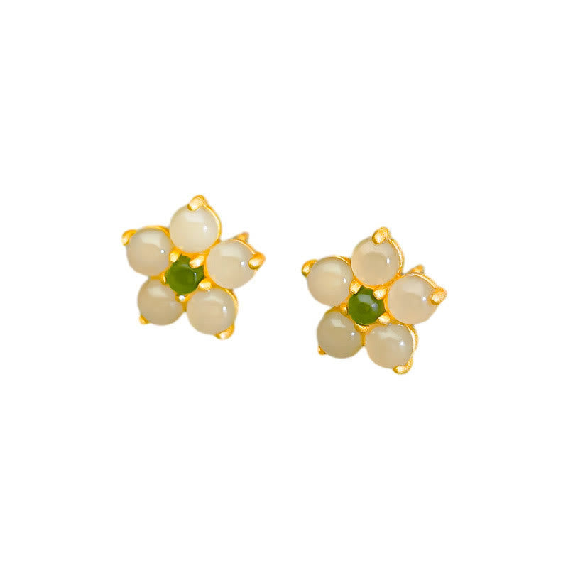 Orecchini a bottone con fiore della fortuna in giada Hetian in argento sterling 925 Buddha Stones