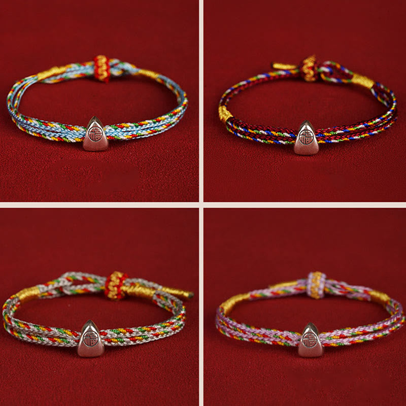 Bracciale Buddha Stones 925 Sterling Silver Fu Character Luck Multicolore Corda Bambino Adulto
