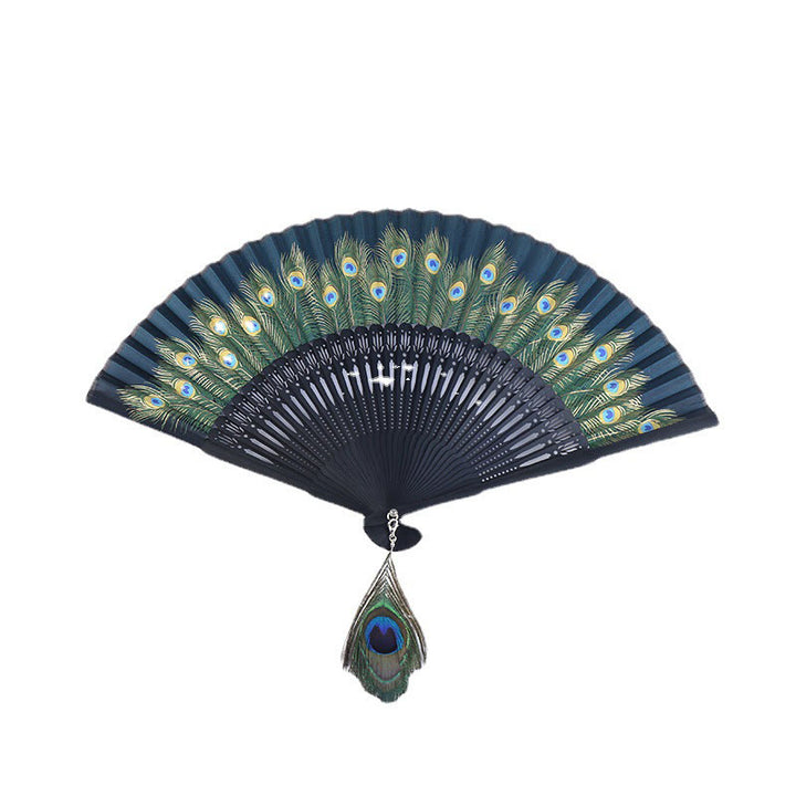 Ventaglio pieghevole in bambù con piume di pavone Buddha Stones, 21,5 cm