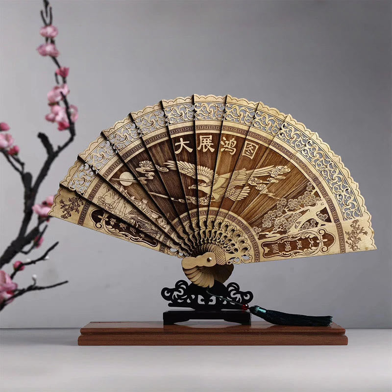 Buddha Stones Koi Fish Peony Bird Flower Inciso Hollow Handheld Phoebe Zhennan Ventaglio pieghevole in legno 22 cm