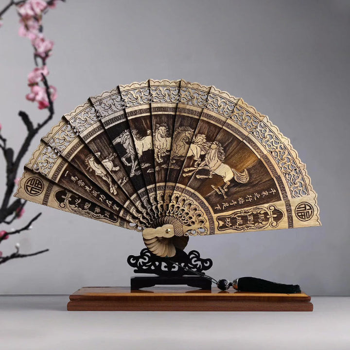 Buddha Stones Koi Fish Peony Bird Flower Inciso Hollow Handheld Phoebe Zhennan Ventaglio pieghevole in legno 22 cm