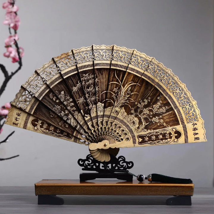 Buddha Stones Koi Fish Peony Bird Flower Inciso Hollow Handheld Phoebe Zhennan Ventaglio pieghevole in legno 22 cm