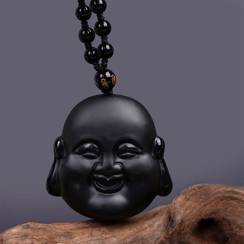 Buddha Stones Ossidiana nera naturale Buddha che ride Collana pendente di purificazione