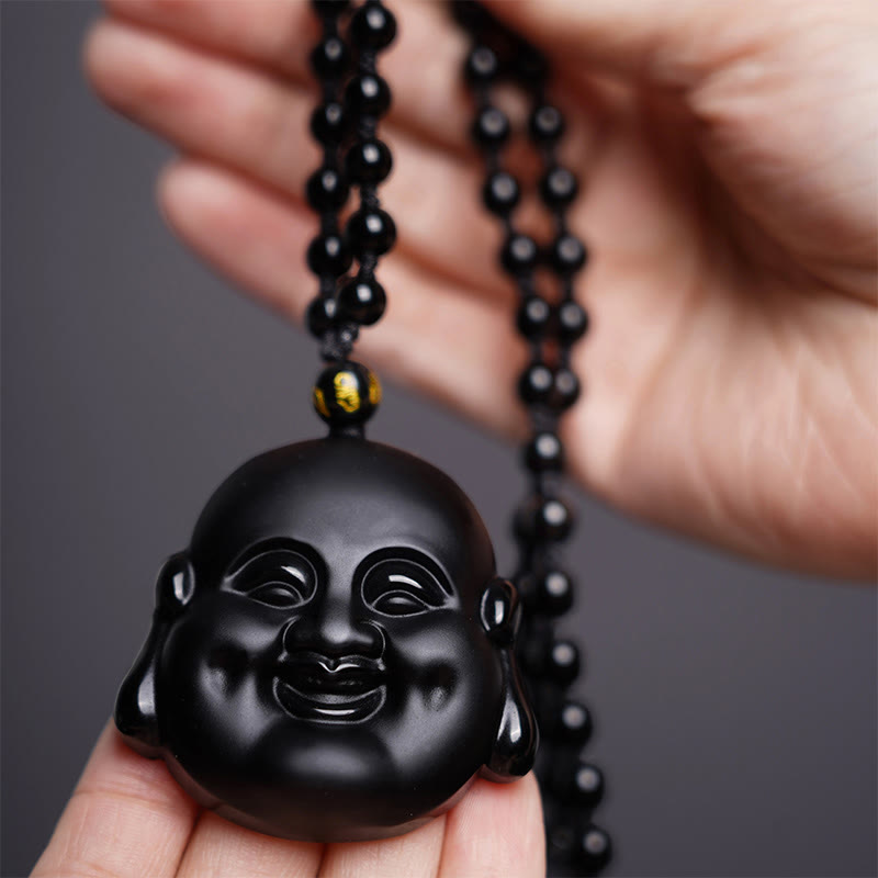 Buddha Stones Ossidiana nera naturale Buddha che ride Collana pendente di purificazione